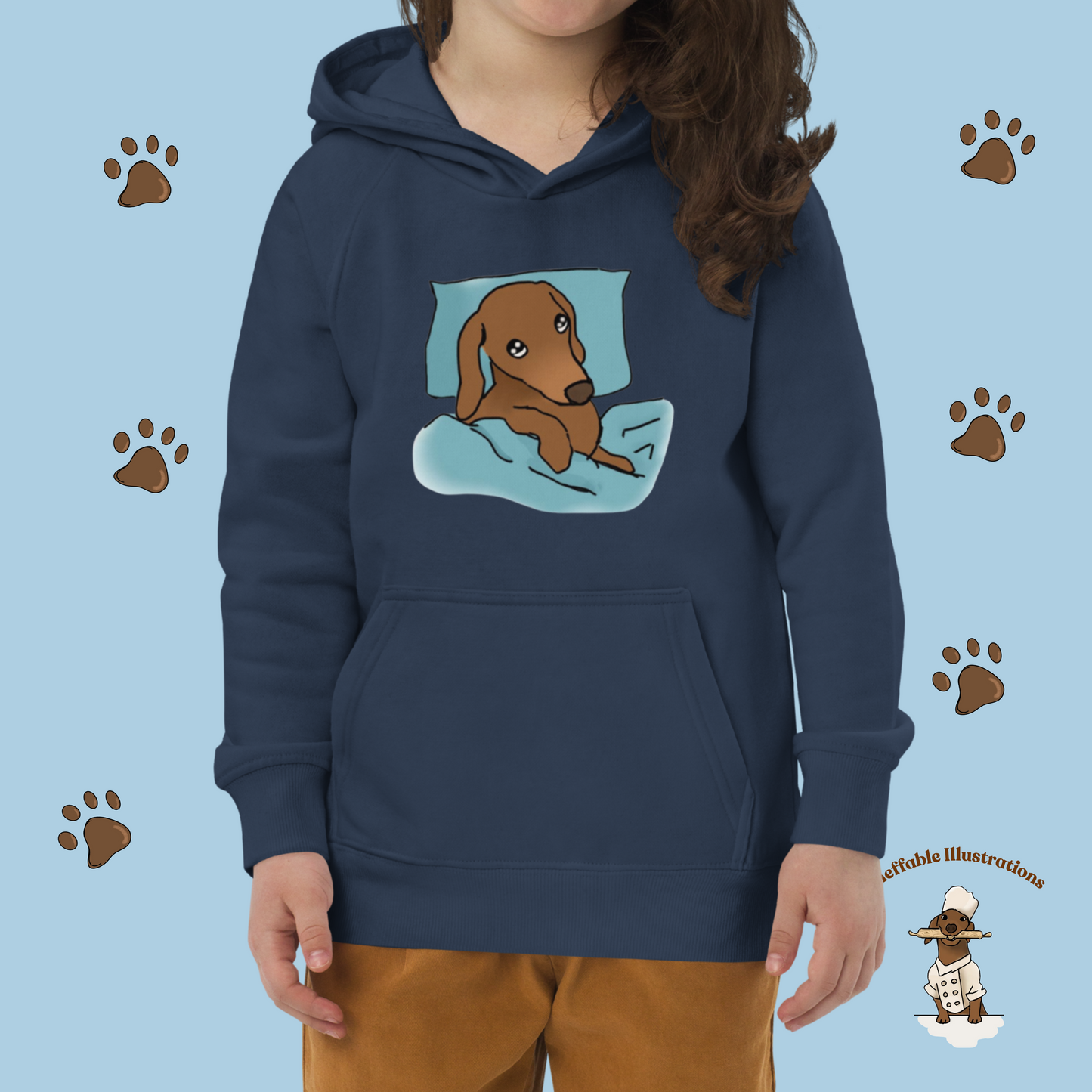 Kids Eco Hoodie with Sleepy Dachshund Oliver Illustration, Hand Illustrated, Cute Eco-Friendly Sweatshirt, Perfect Gift for Children