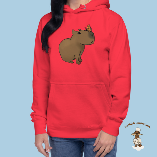 Unisex Hoodie with Cute Capybara Jolly with Butterfly Hand Drawn Print, Cozy & Stylish Apparel for Animal Lovers