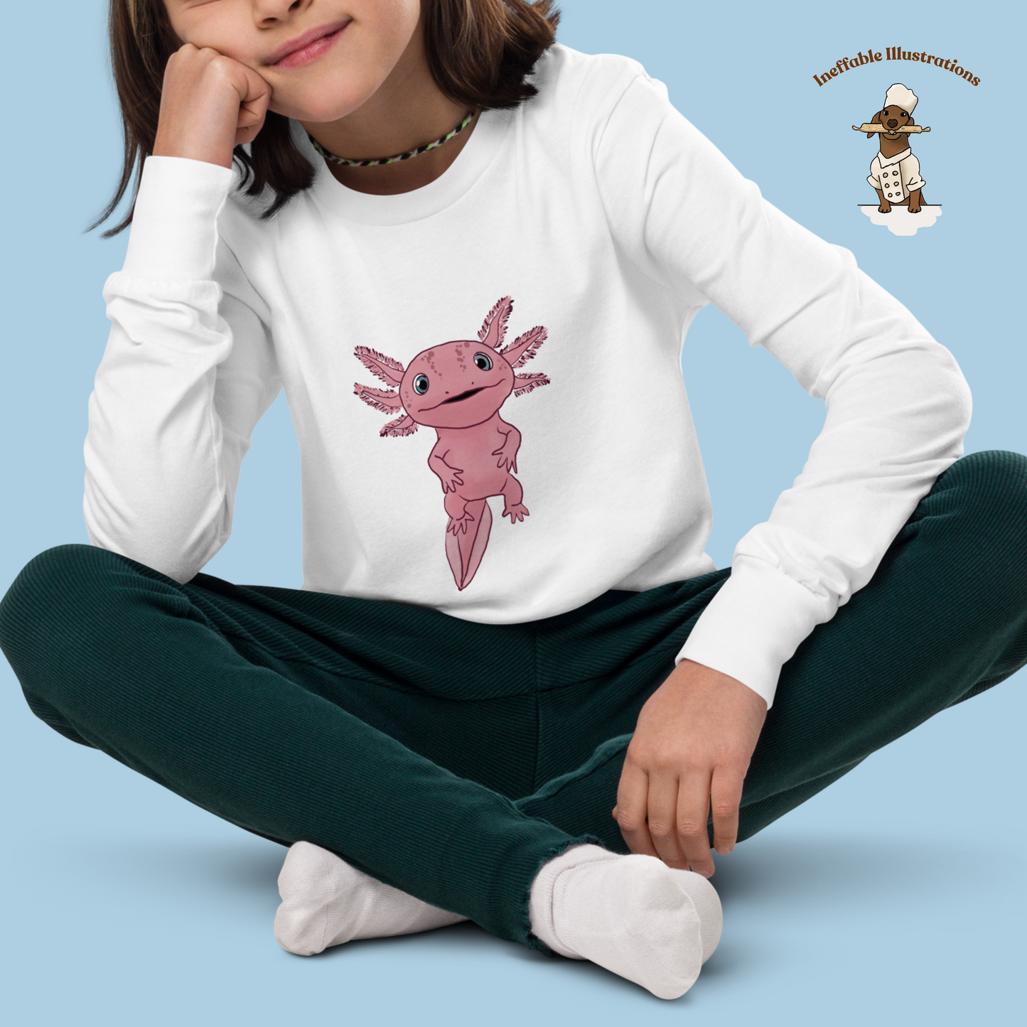 Axolotl Youth Long Sleeve Tee, Cute Axolotl Shirt for Kids, Adorable Hand Drawn Illustration Tee, Fun Gift for Boys & Girls