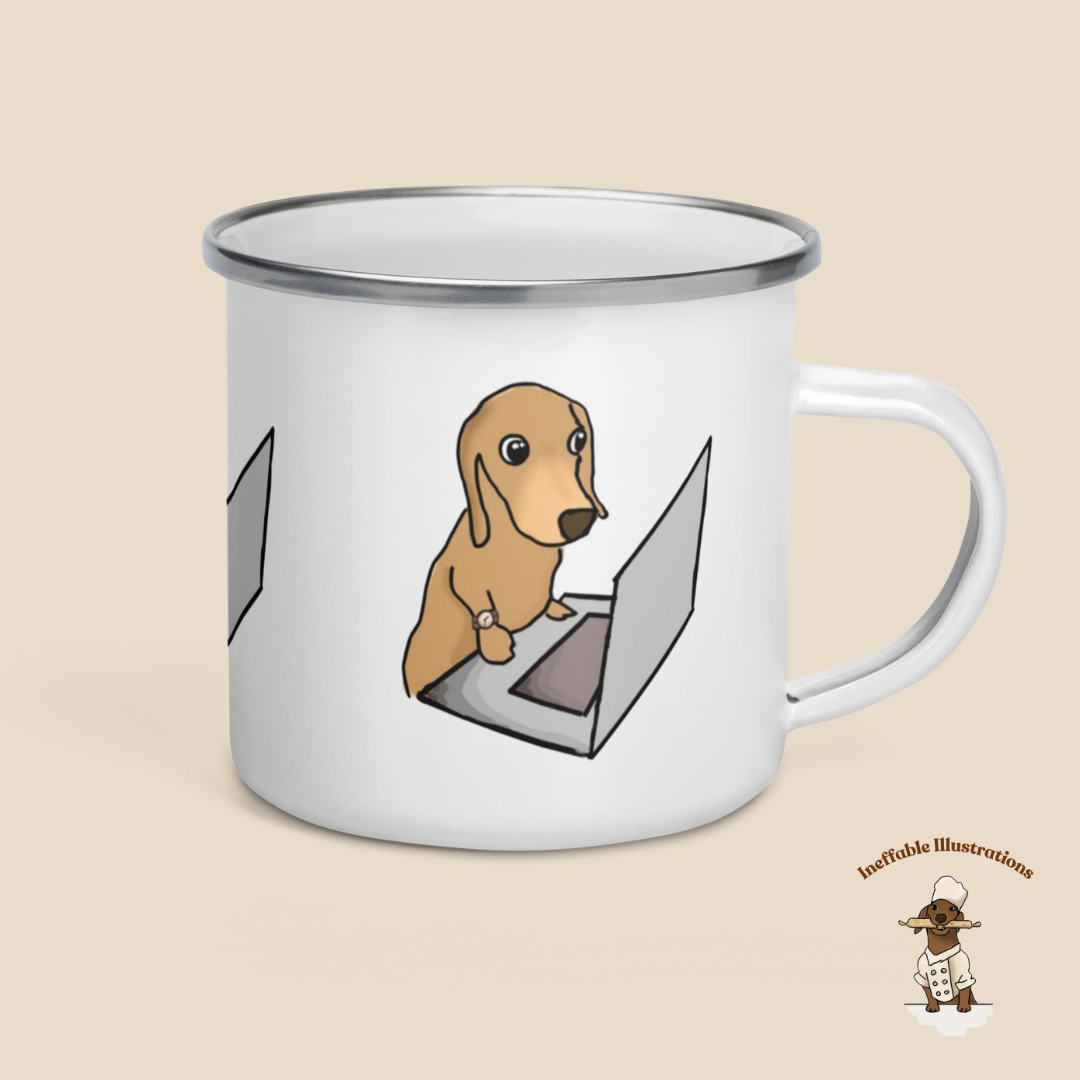 Mug. Enamal Mug "Oliver working on Computer". Cute sausage dog Enamel Mug. Dachshund lover gift