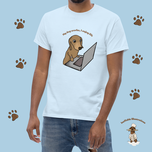 Shirt "Oliver works, I enjoy life". Funny Dog Illustration Tee | Hand-drawn Design | Trendy 100% Cotton Shirt