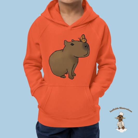 Kids Eco Hoodie with Capybara Jolly and Butterfly Design Drawn by Hand | Comfortable Organic Cotton Sweatshirt for Boys and Girls