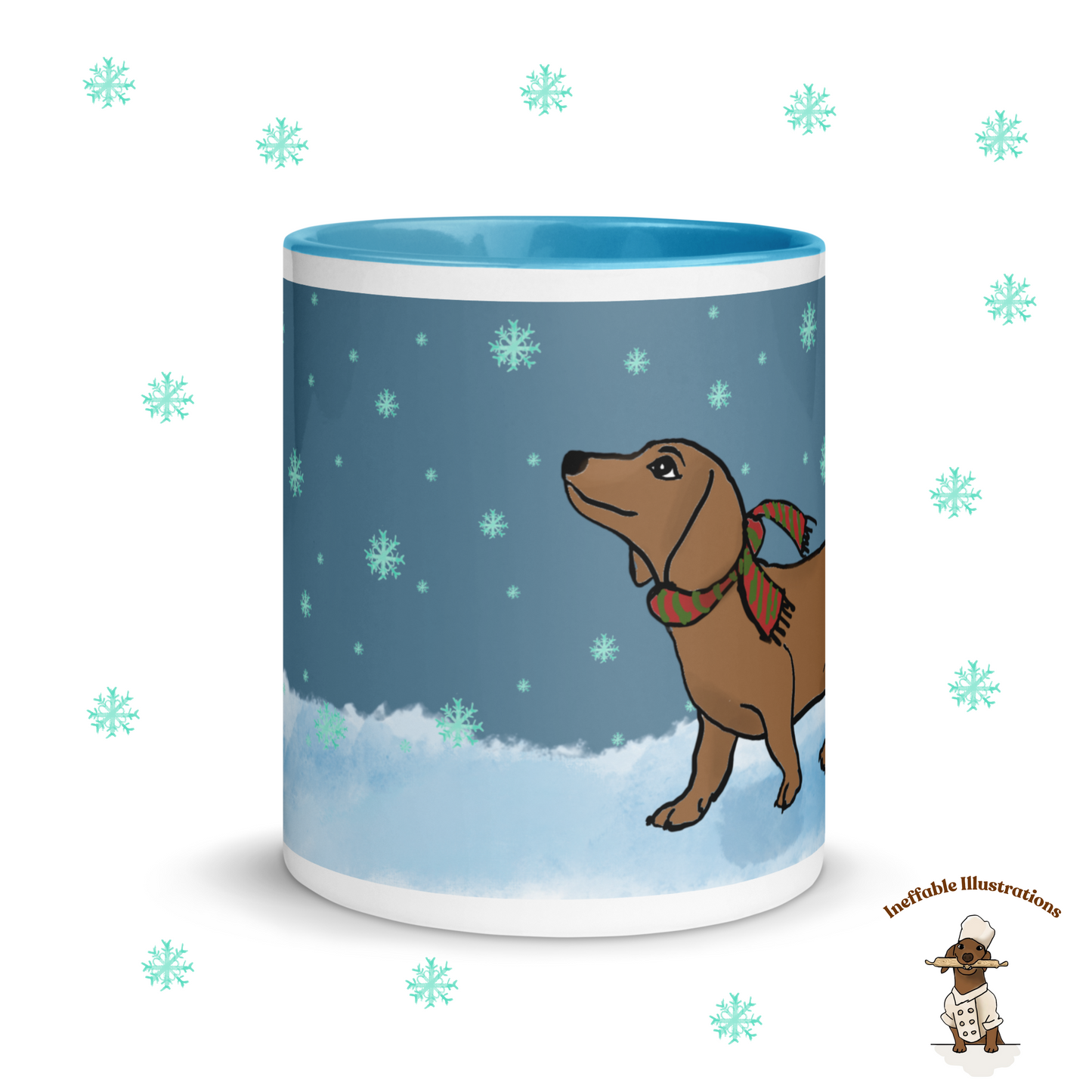 Christmas Mug. Dachshund Mug with Color Inside, dachshund Oliver Enjoying Winter Snow Design, Cute Dog Lover Gift, Cozy Hot Beverage Cup, Drawn by Hand