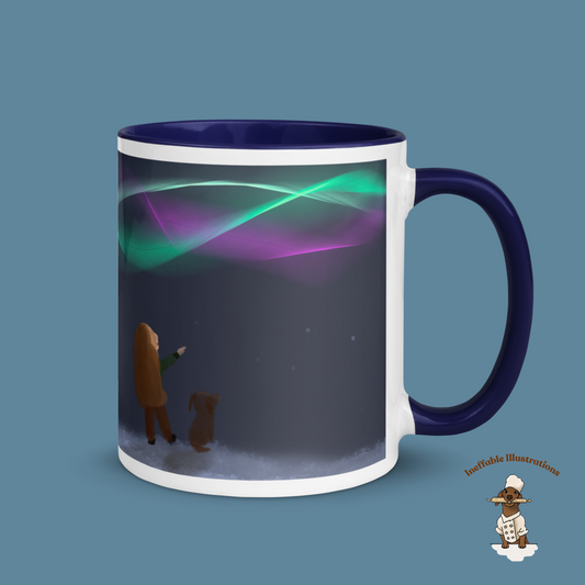 Christmas Mug. Magic Christmas Mug with Little Girl Molly & dachshund Oliver Watching Northern Lights | Cozy Holiday Gift, Colored Inside. Drawn by hand