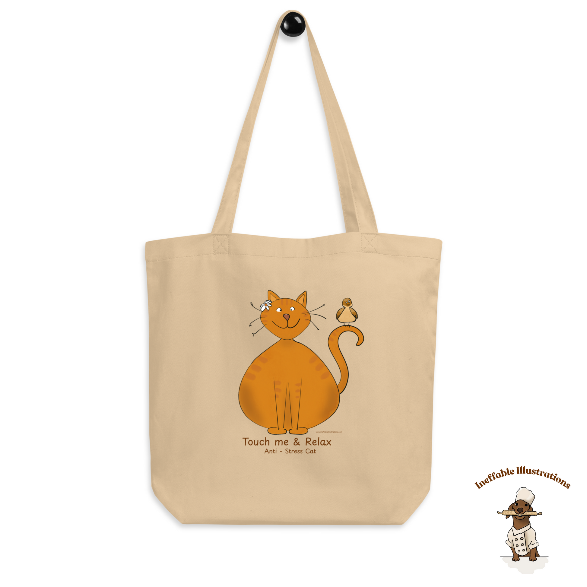Funny Ginger Cat Tote Bag – Hand-Drawn Anti-Stress Cat with Relaxed Bird on Tail Design | Eco-Friendly Cotton Canvas Reusable Shopping Bag - Ineffable Illustrations