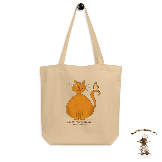 Funny Ginger Cat Tote Bag – Hand-Drawn Anti-Stress Cat with Relaxed Bird on Tail Design | Eco-Friendly Cotton Canvas Reusable Shopping Bag - Ineffable Illustrations