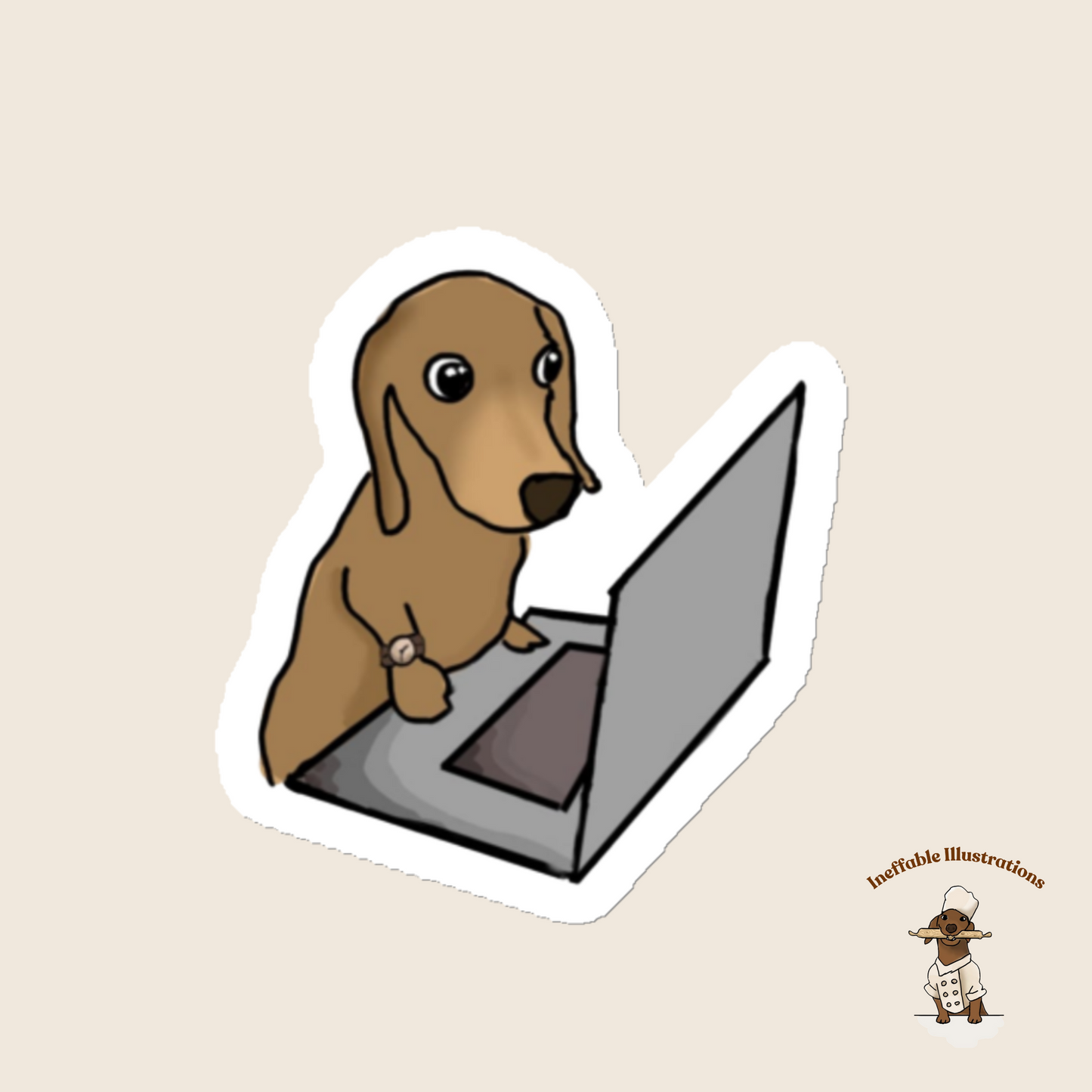 Magnet. Dachshund Magnet: Cute Oliver Dog with Computer, Adorable Gift for Dog Lovers, Funny Home Office Decor, Pet Lover's Fridge Magnet