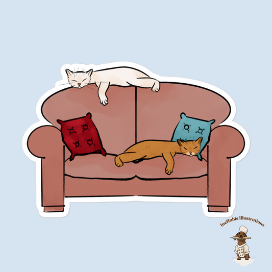 Cat Stickers: White & Ginger Cats (Ralph and Ginger) sleeping on Sofa, Lazy Life Decals for Laptops, Water Bottles and Journals - Ineffable Illustrations