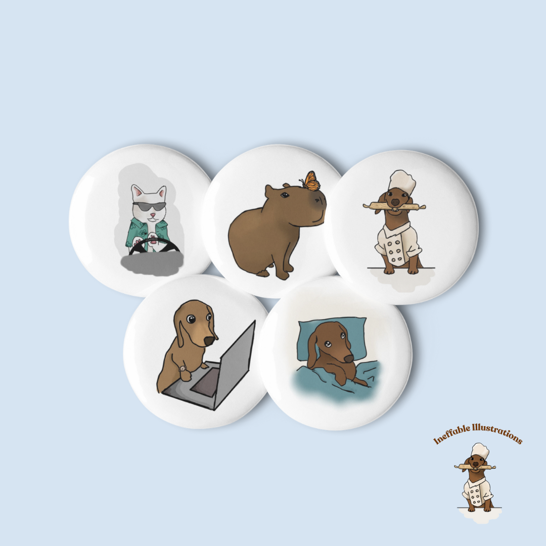 Set of Pin Buttons "Oliver and his friends", Hand Drawn Illustrations of Dachshund Oliver, Capybara Jolly & Cat Ralph, Cute Animal Friends Gifts