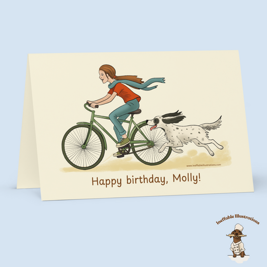 Personalized Birthday Card - English Setter & Girl Adventure | Beige Background Custom Name Card