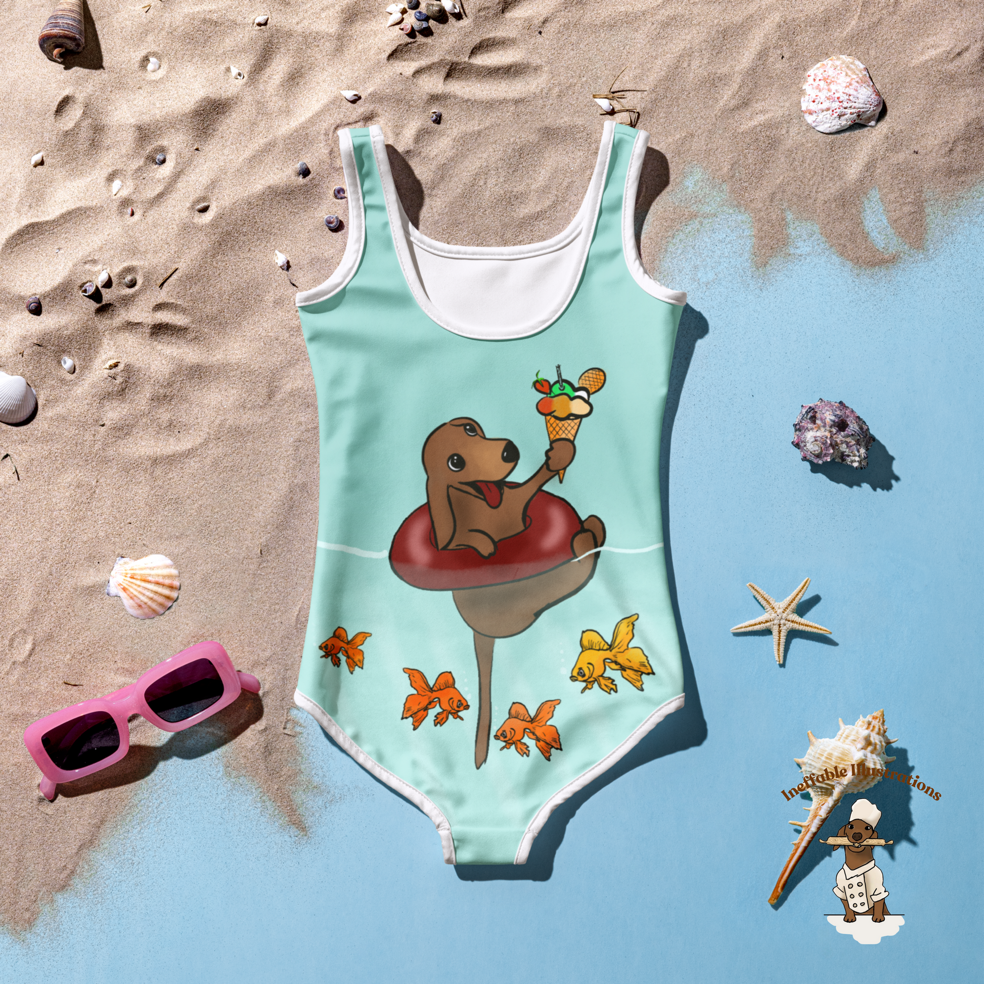 Kids Swimsuit Cute Dachshund Oliver Floating in Sea with Ice Cream & Small Fishes Underwater Beachwear - Ineffable Illustrations