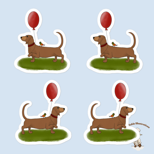 Oliver Dachshund Birthday Party 4-Pack Stickers with Bird Friend