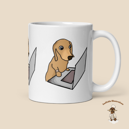 Mug "Dachshund Oliver working on computer". Cute sausage dog mug. White glossy mug.