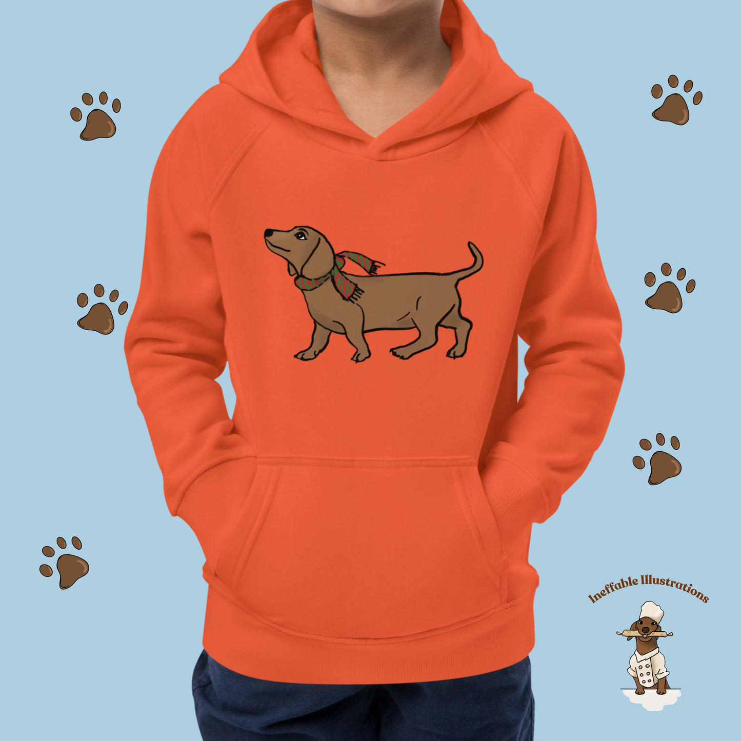 Kids Eco Hoodie with Cute Dachshund Oliver with Scar - Sustainable Children's Apparel, Perfect Gift for Dog Lovers, Hand drawn illustration