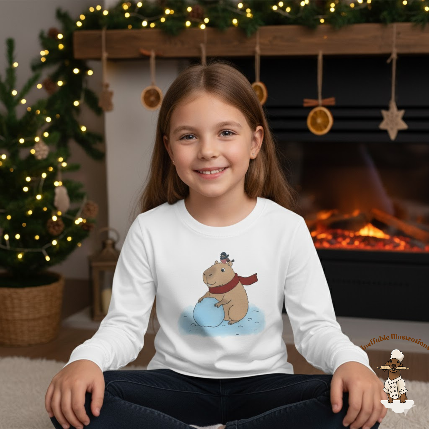 Jolly Capybara Christmas Youth Long Sleeve Tee - Festive Winter Snowman Design