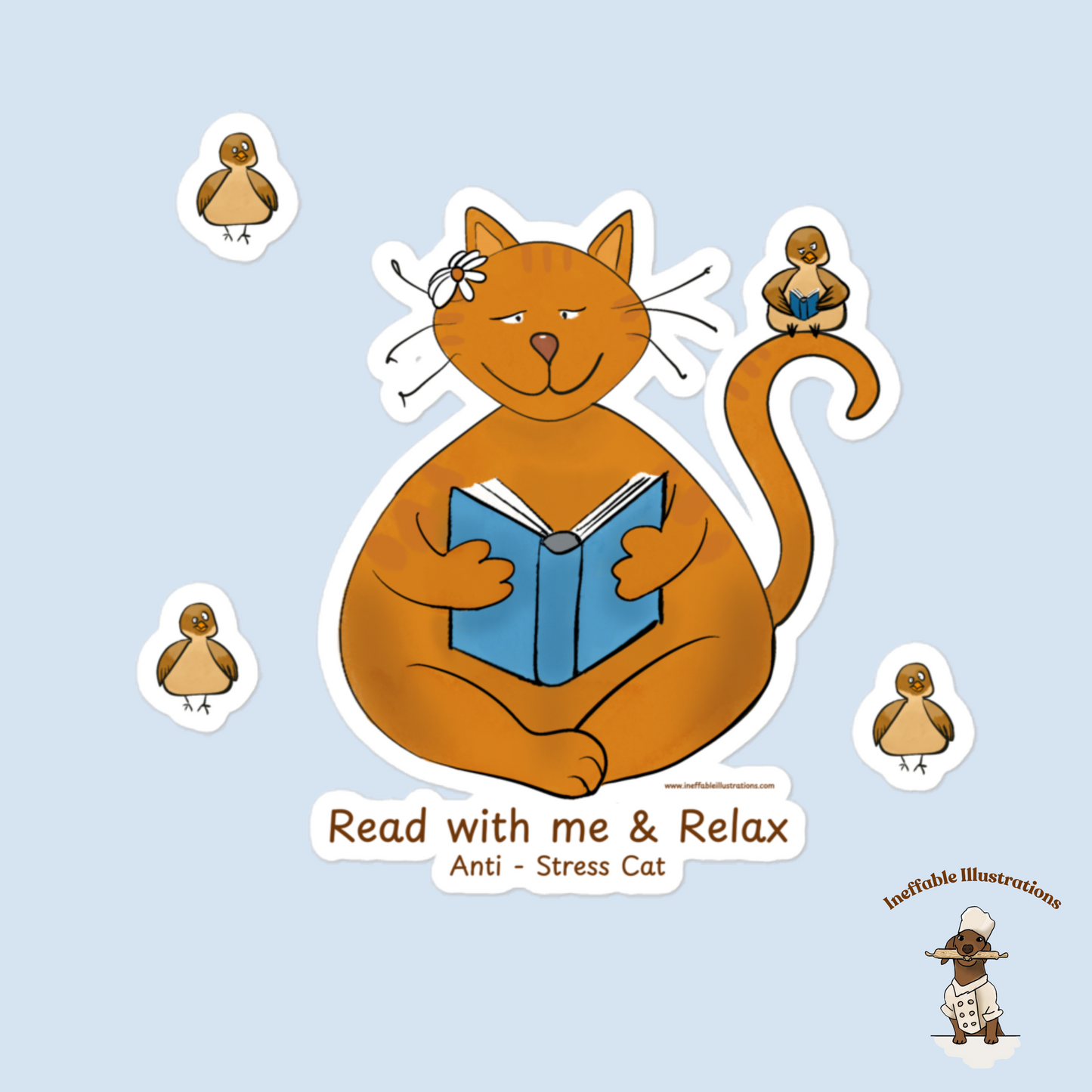 Anti-Stress Cat & Bird Reading Stickers Set - Mindful Reading Decals