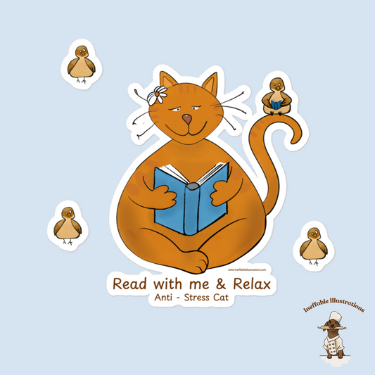 Anti-Stress Cat & Bird Reading Stickers Set - Mindful Reading Decals