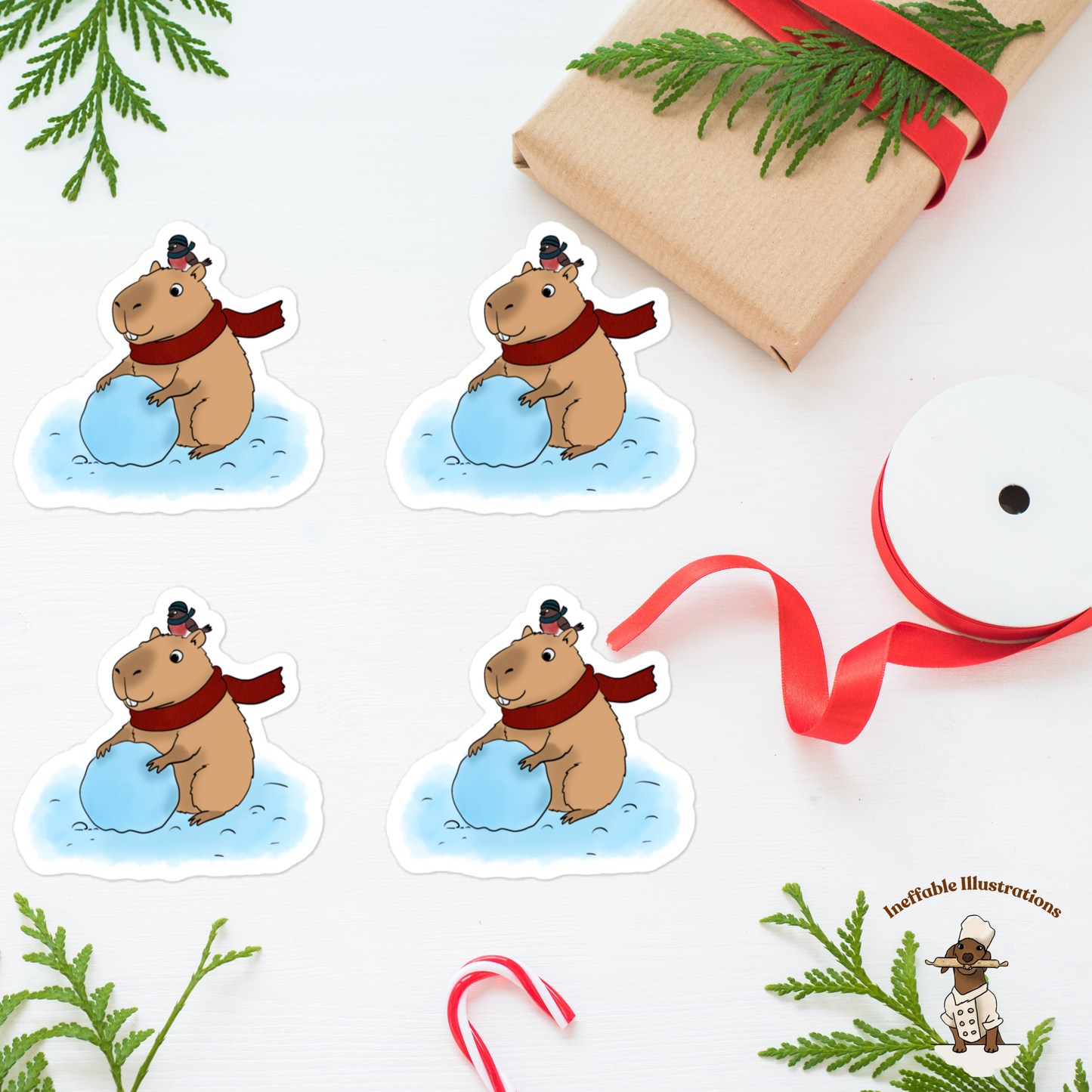 Jolly Capybara Christmas Sticker Set - 4 Festive Bubble-Free Vinyl Stickers
