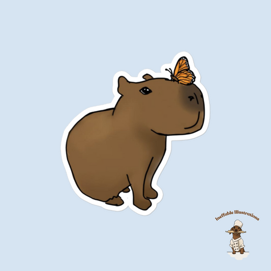 Sticker "Jolly with butterfly". Cute Hand Drawn Capybara Jolly and Butterfly Sticker - Cheers you up and Inspires Daily!