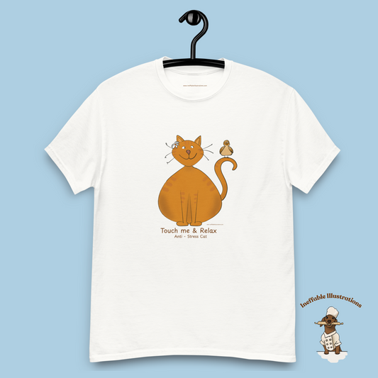 Funny Ginger Cat T-Shirt – Hand-Drawn Anti-Stress Cat with Relaxed Bird & “Touch Me & Relax” | Unisex 100% Cotton Classic Tee, Trendy Streetwear - Ineffable Illustrations