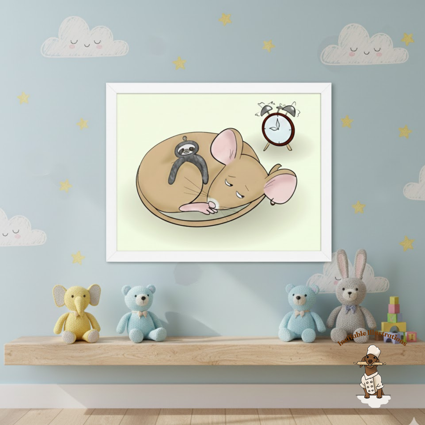 Sleepy Pedro Mouse with Sloth Toy - Nursery & Kids Room Framed Poster (Green)