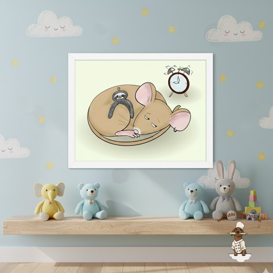 Sleepy Pedro Mouse with Sloth Toy - Nursery & Kids Room Framed Poster (Green)