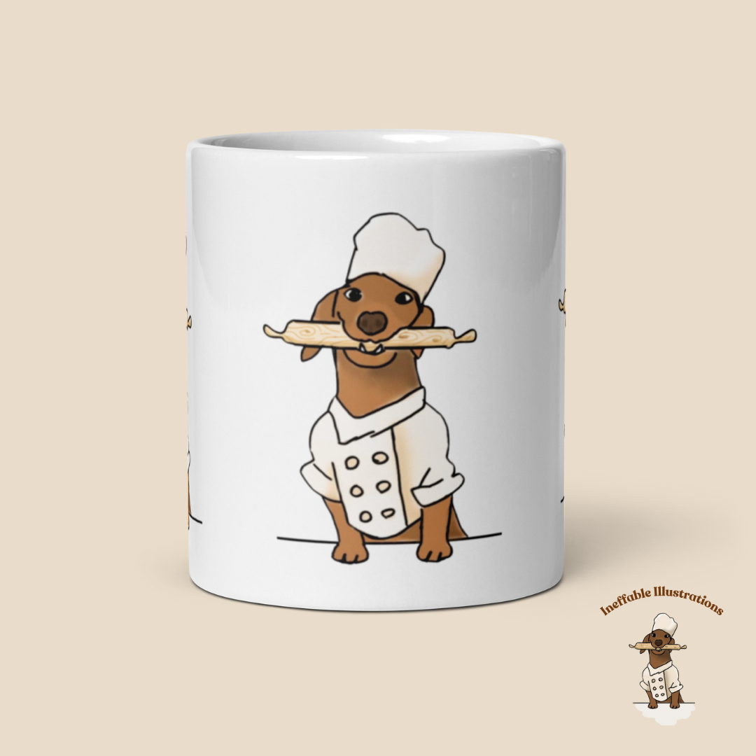 Mug "Oliver cooking". Sausage Dog Chef Mug, Cute White Glossy Coffee Cup, Adorable Dachshund Gift, Dog Lover's Kitchen Decor & Accessories