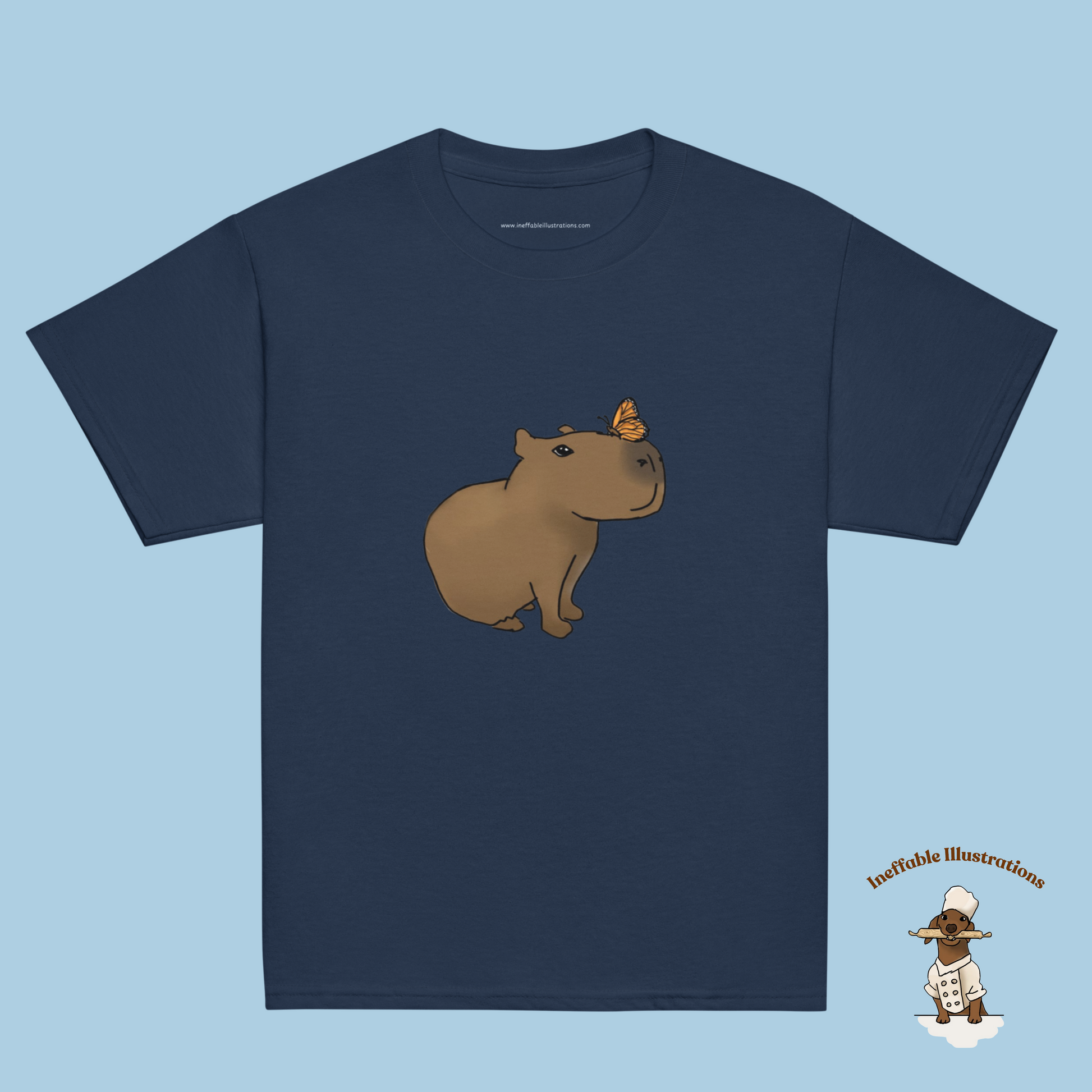 Youth Classic Tee with Hand Drawn Cute Capybara Jolly with Butterfly Shirt Kids Animal Graphic Top - Ineffable Illustrations