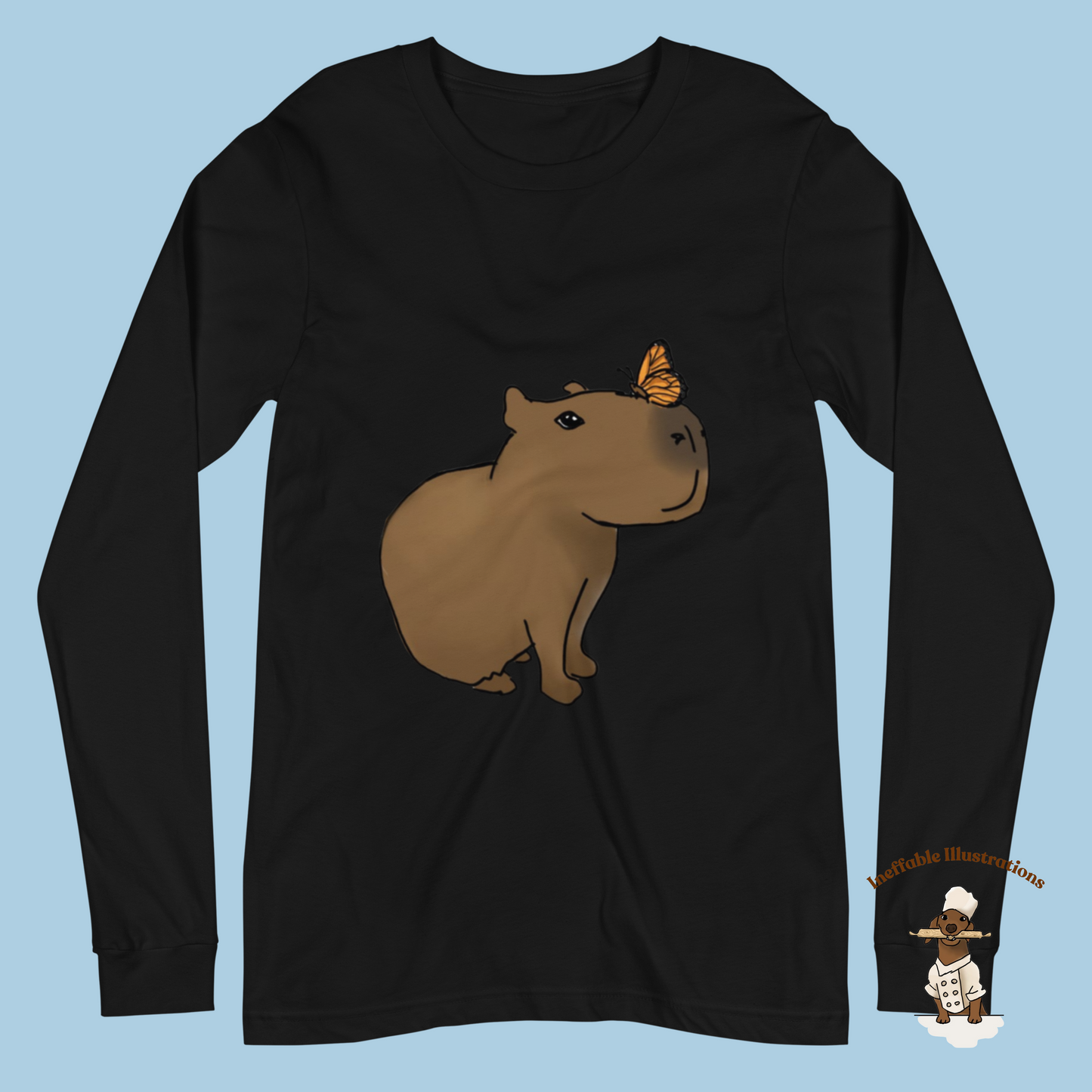 Shirt. Unisex Long Sleeve Shirt with cute Capybara Jolly with butterfly illustration, drawn by hand. Capybara shirt