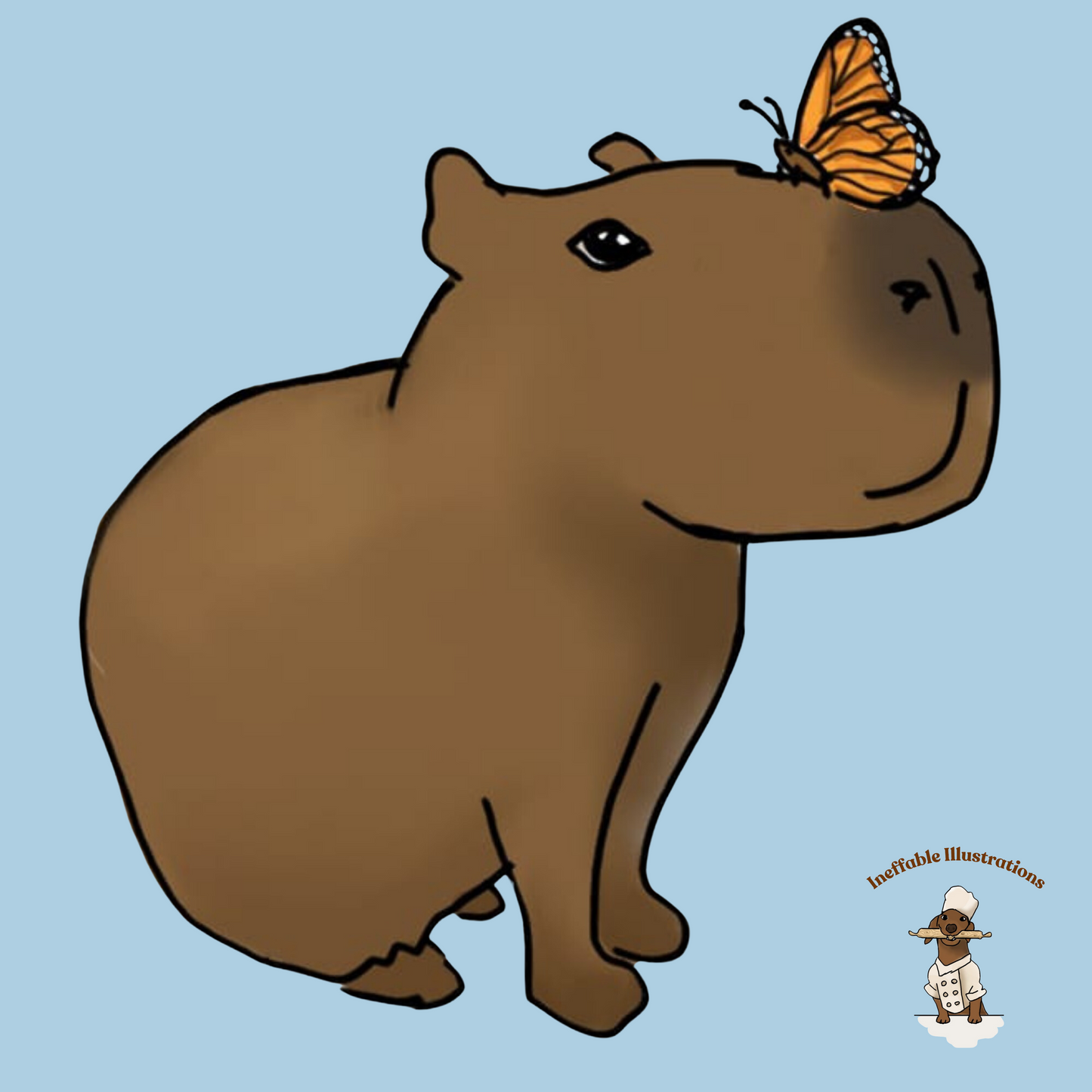 Shirt. Unisex Long Sleeve Shirt with cute Capybara Jolly with butterfly illustration, drawn by hand. Capybara shirt