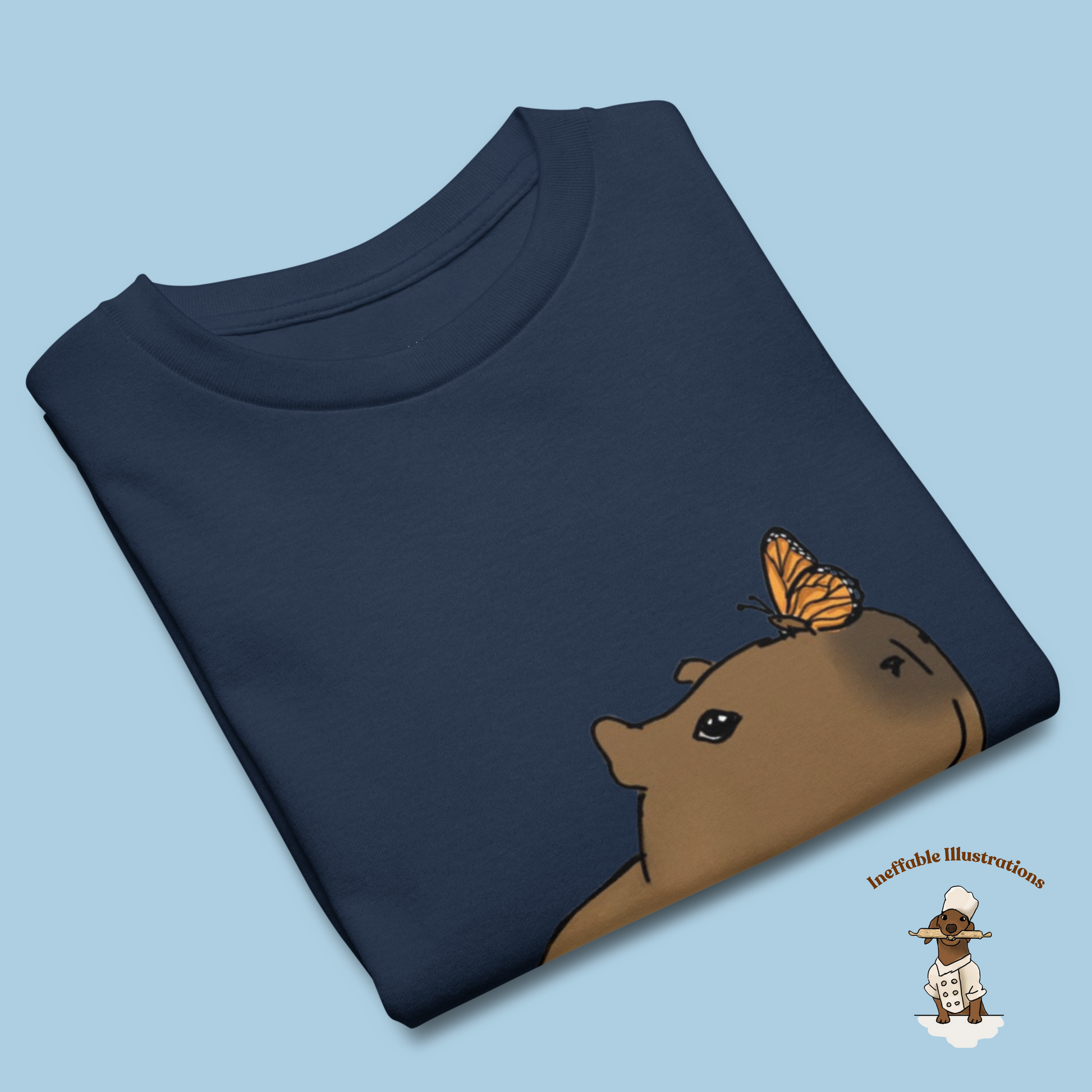 Youth Classic Tee with Hand Drawn Cute Capybara Jolly with Butterfly Shirt Kids Animal Graphic Top - Ineffable Illustrations