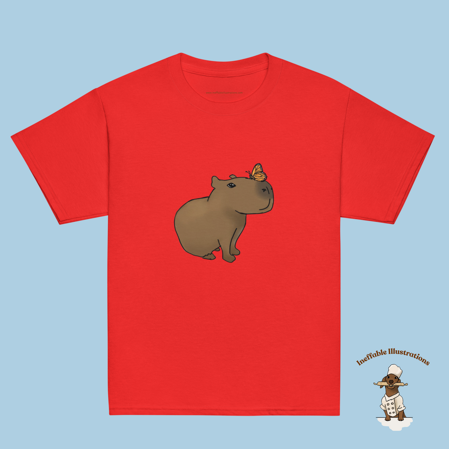 Youth Classic Tee with Hand Drawn Cute Capybara Jolly with Butterfly Shirt Kids Animal Graphic Top - Ineffable Illustrations