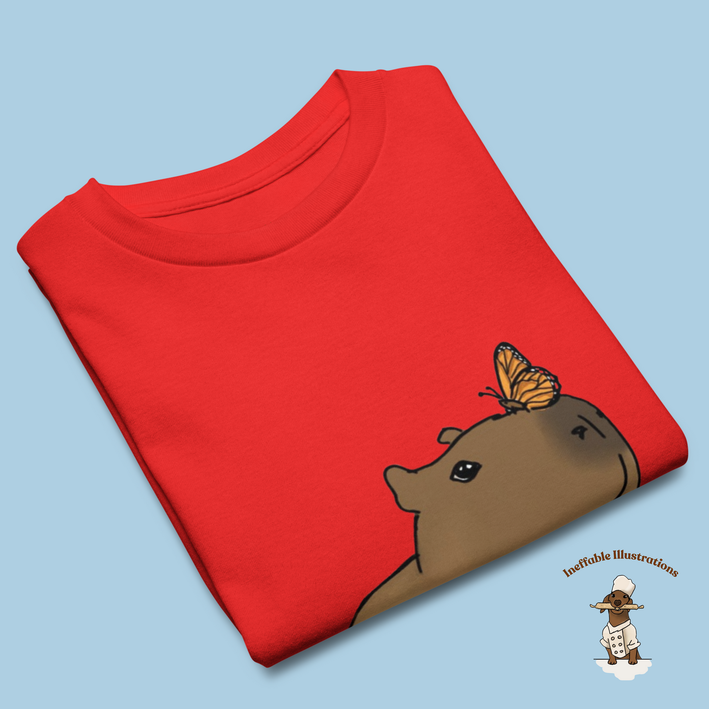 Youth Classic Tee with Hand Drawn Cute Capybara Jolly with Butterfly Shirt Kids Animal Graphic Top - Ineffable Illustrations