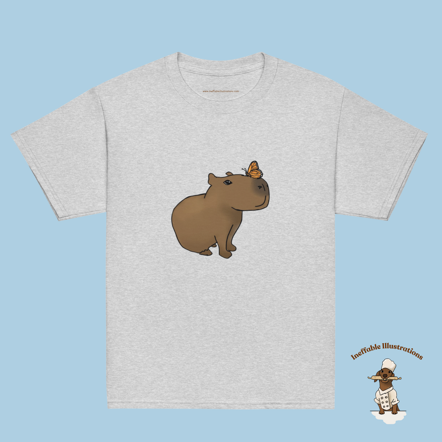 Youth Classic Tee with Hand Drawn Cute Capybara Jolly with Butterfly Shirt Kids Animal Graphic Top - Ineffable Illustrations