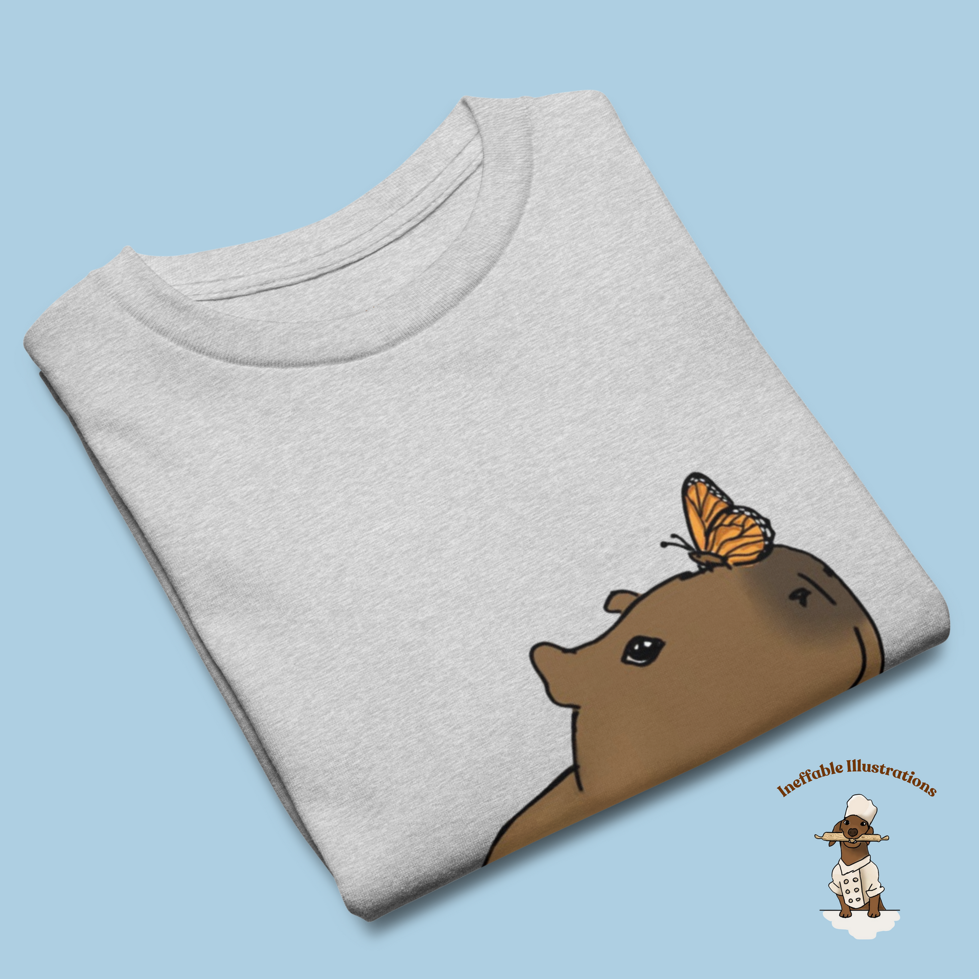 Youth Classic Tee with Hand Drawn Cute Capybara Jolly with Butterfly Shirt Kids Animal Graphic Top - Ineffable Illustrations