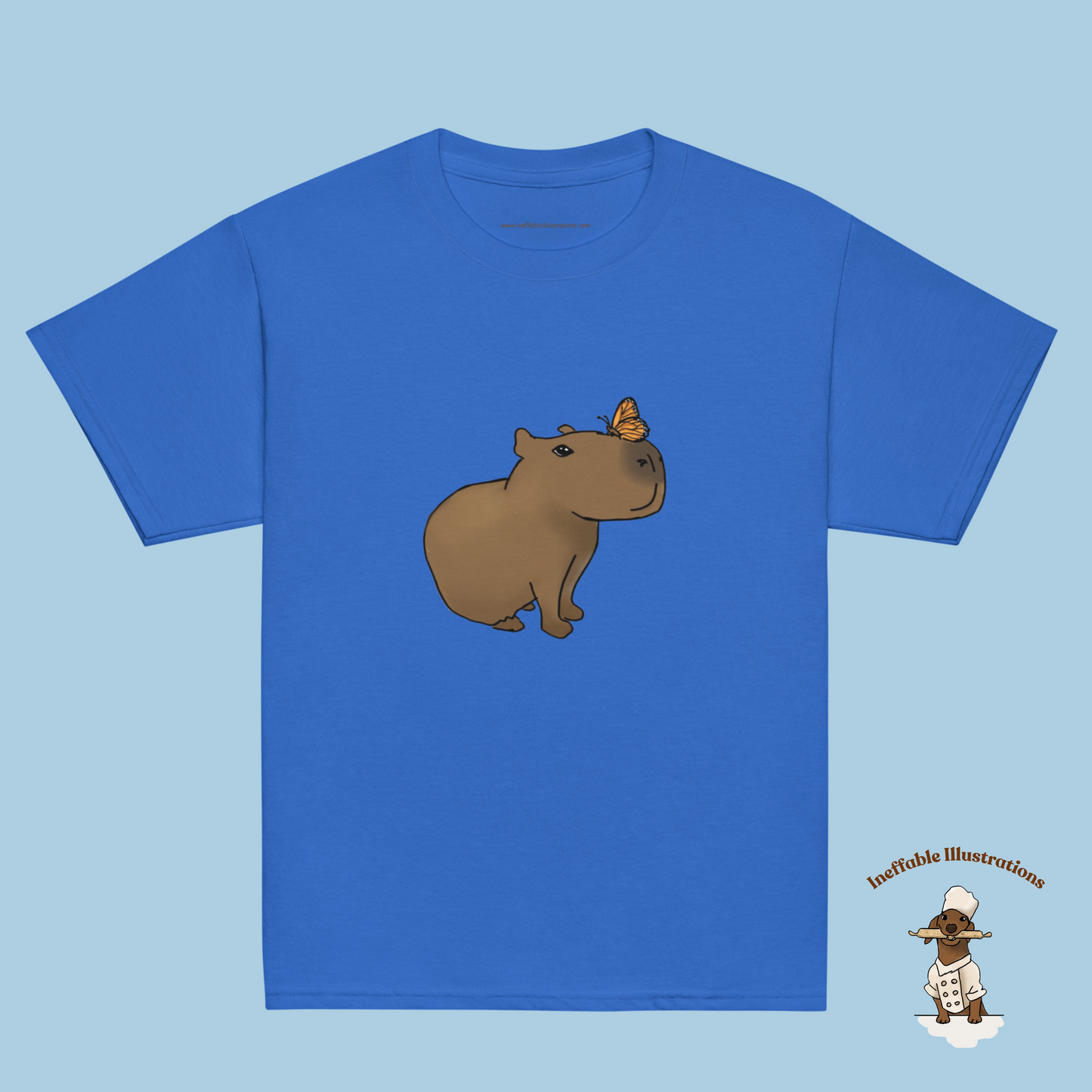 Youth Classic Tee with Hand Drawn Cute Capybara Jolly with Butterfly Shirt Kids Animal Graphic Top - Ineffable Illustrations