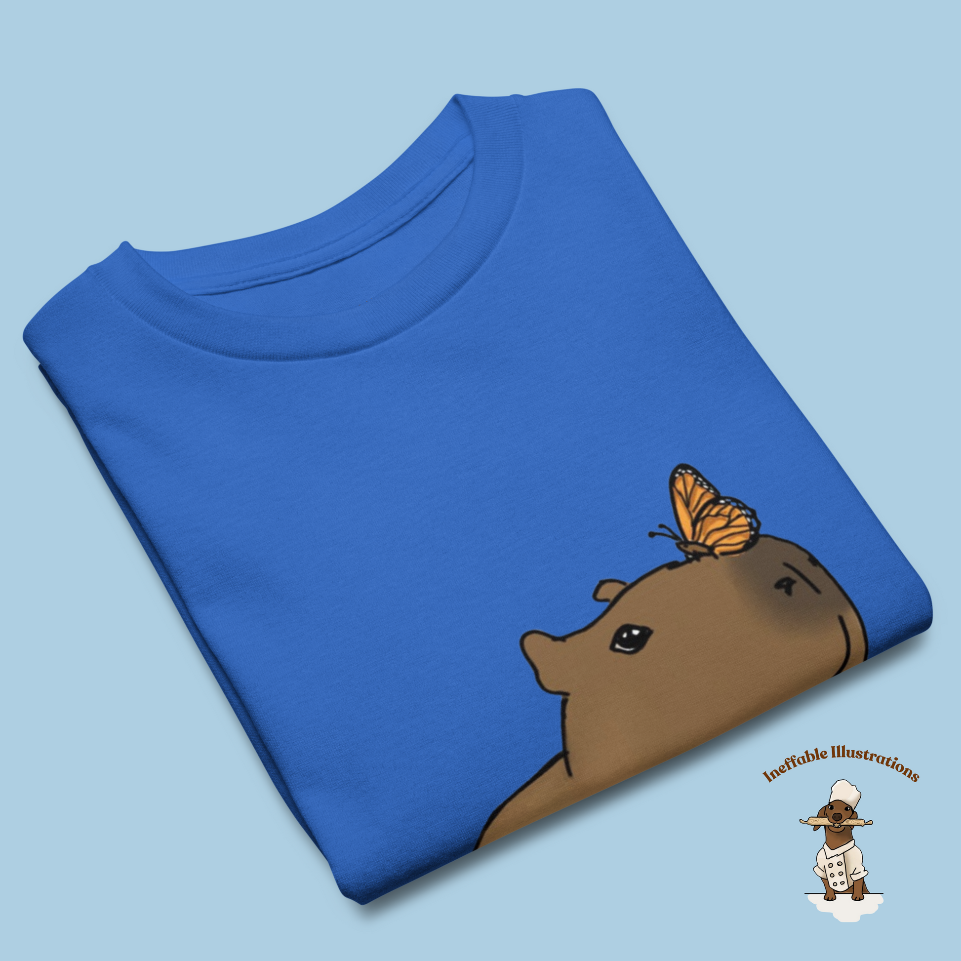 Youth Classic Tee with Hand Drawn Cute Capybara Jolly with Butterfly Shirt Kids Animal Graphic Top - Ineffable Illustrations