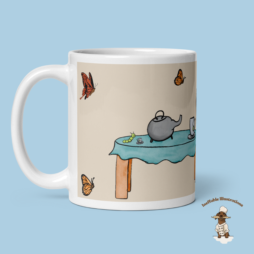 Capybara Mug - White Glossy Tea Cup with Jolly Capybara, Caterpillar & Butterflies, Cute Animal Coffee Mug, Gift for Animal Lovers