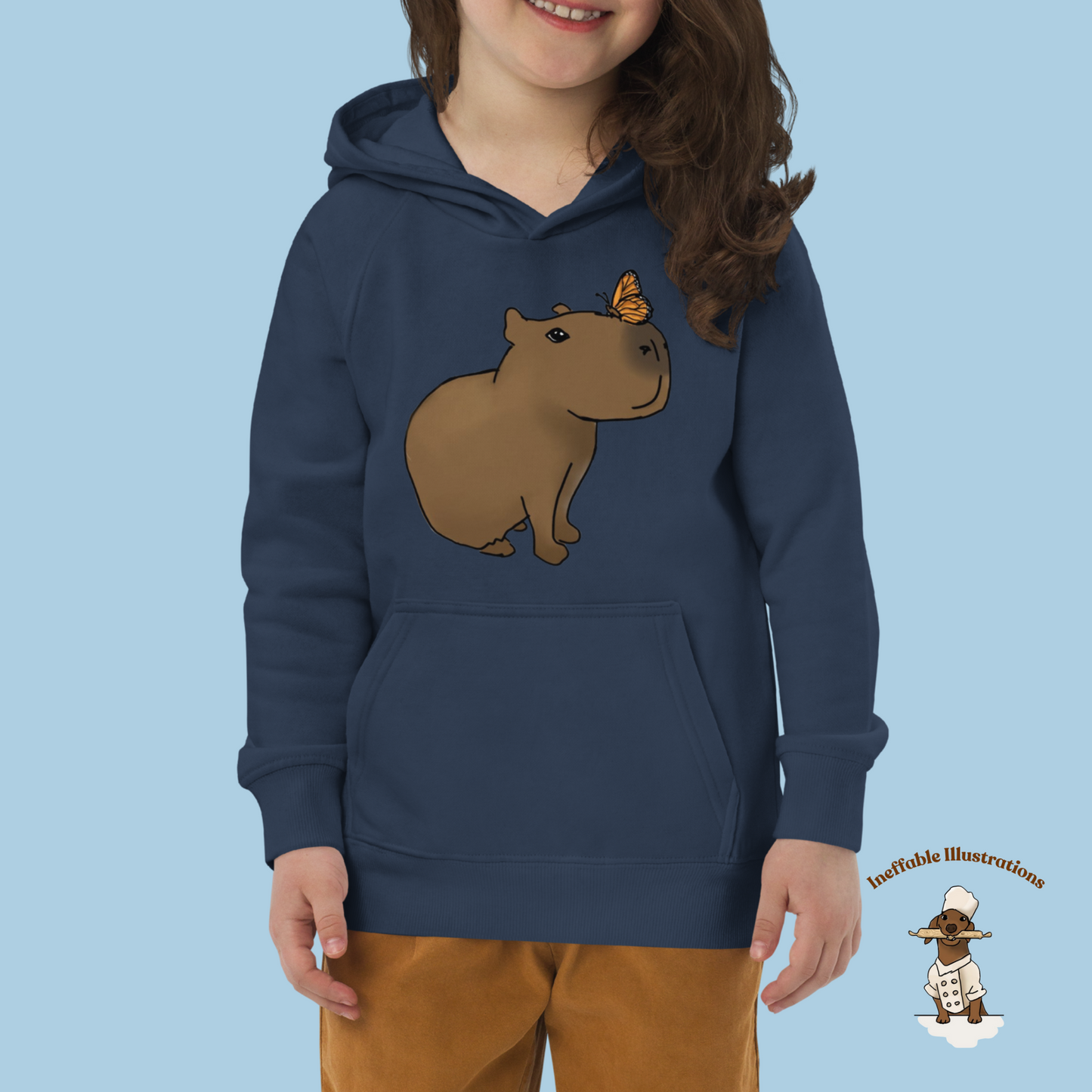 Kids Eco Hoodie with Capybara Jolly and Butterfly Design Drawn by Hand | Comfortable Organic Cotton Sweatshirt for Boys and Girls