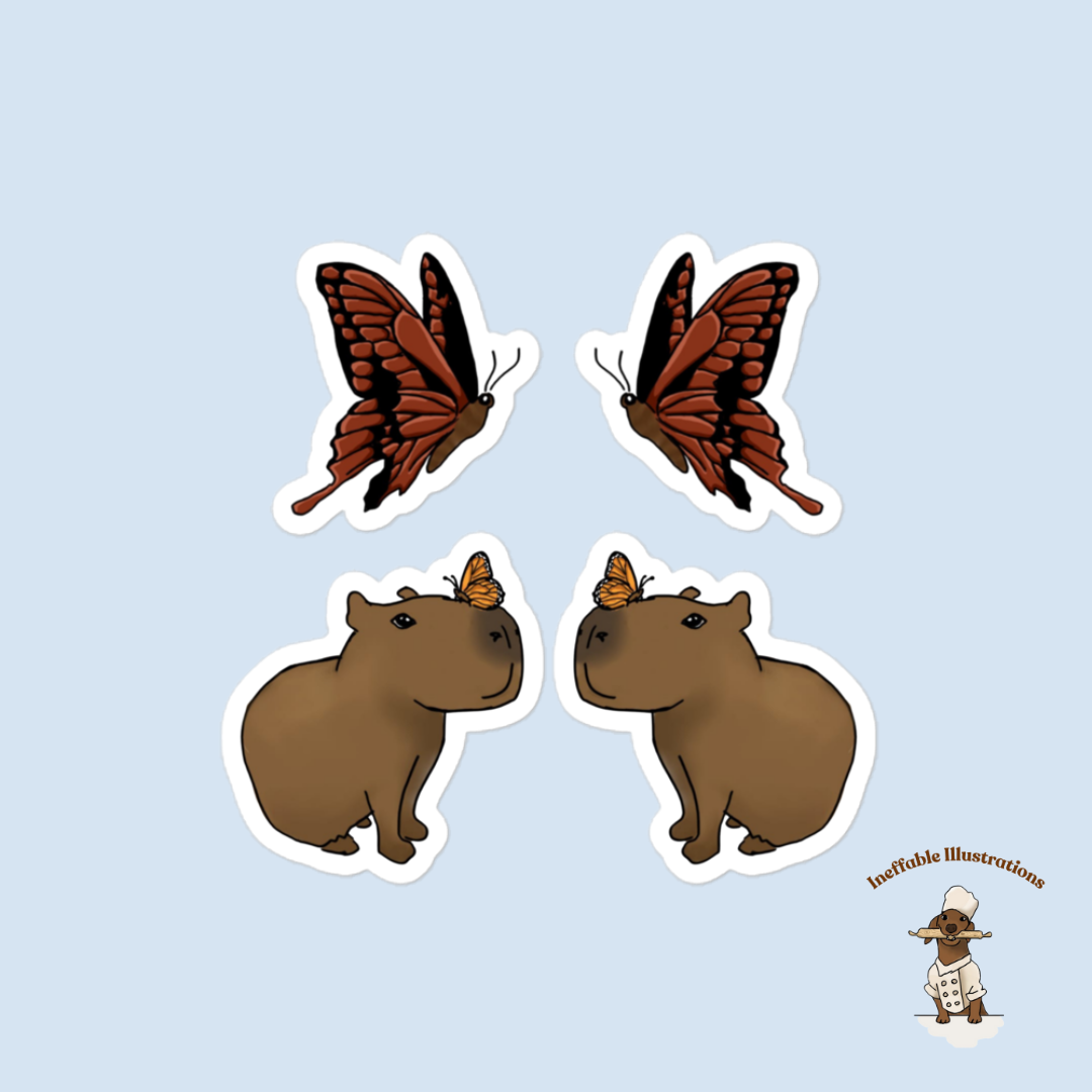 Sticker set "Jolly and her butterflies". Cute Capybara with Butterfly 4 Vinyl Sticker Pack | Easy Application & Long-Lasting