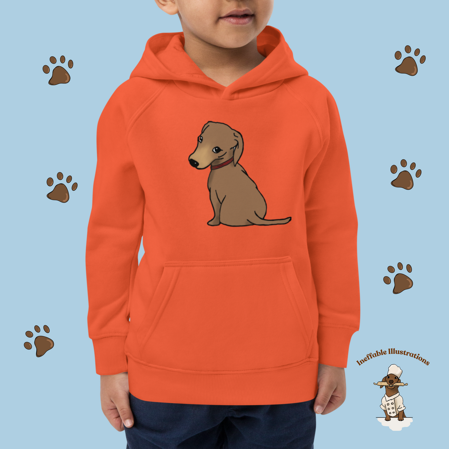 Kids Eco Hoodie with Cute Dachshund Oliver | Sustainable Fashion for Children | Adorable Animal Apparel | Drawn by Hand