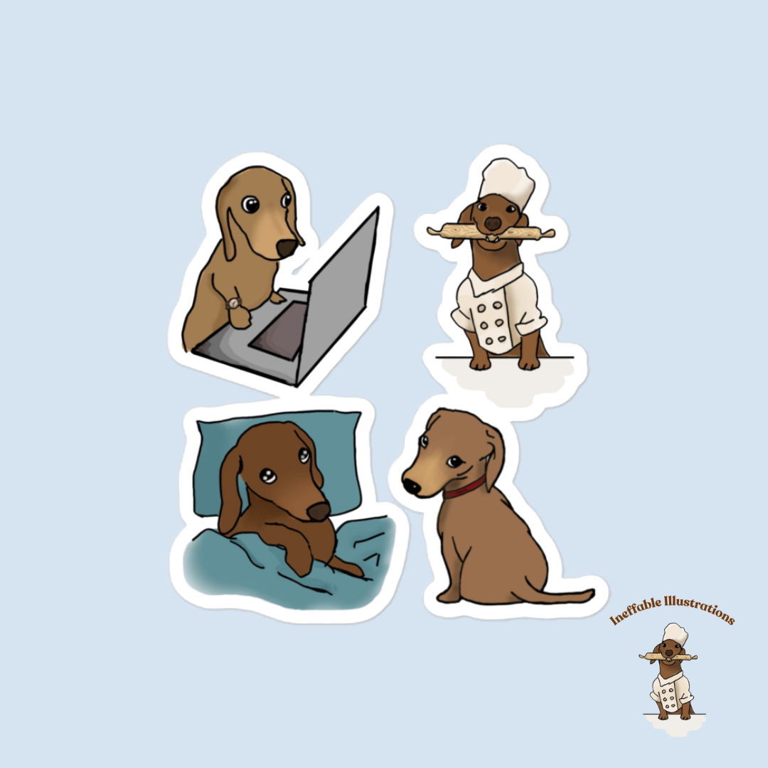 Stickers. Dachshund Stickers Set of 4 - Oliver Cooking, Resting, Working on Computer & Waiting for Owner - Bubble-Free Decals