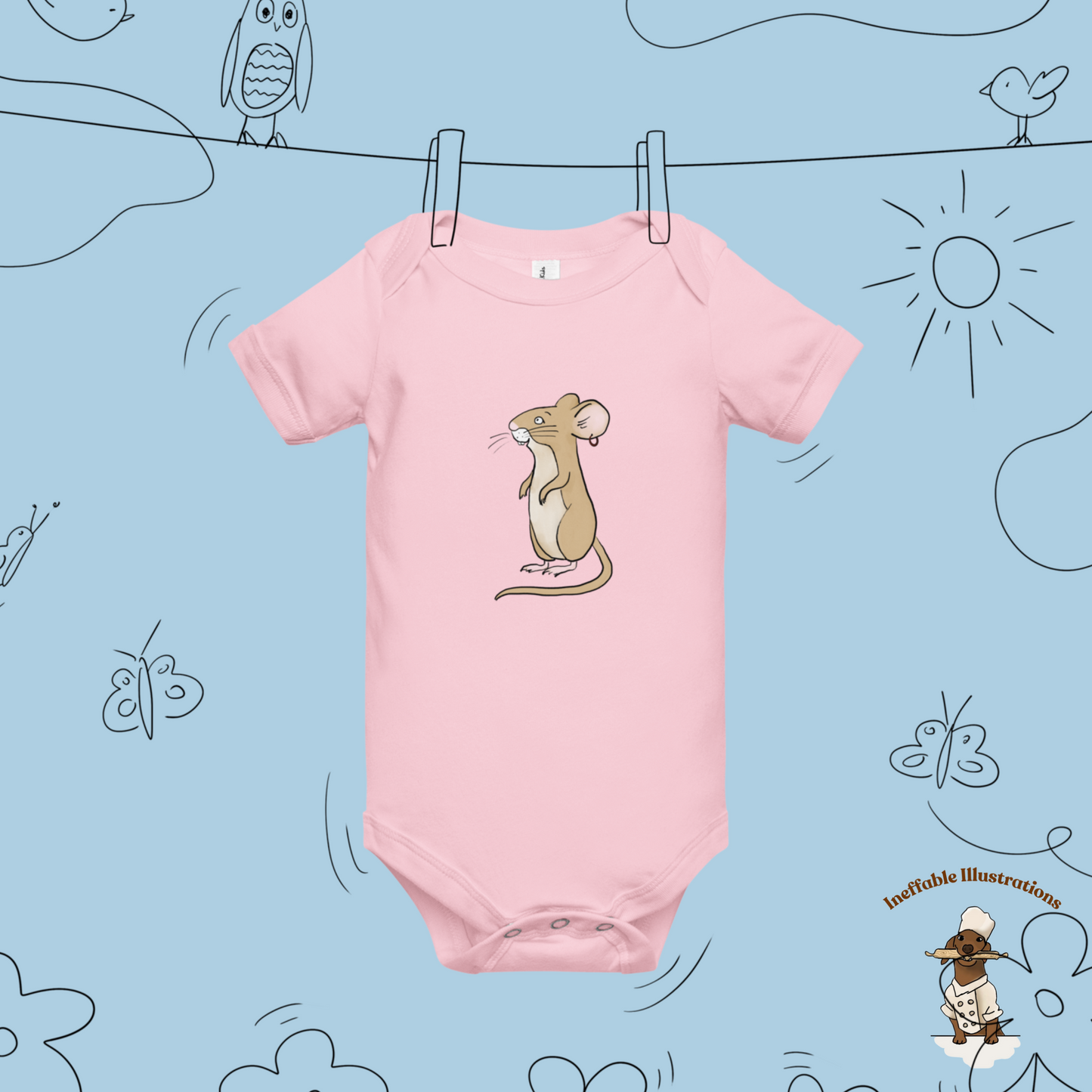 Baby Short Sleeve One Piece with Cute Mouse Pedro | Adorable Infant Bodysuit | Baby Shower Gift & Newborn Outfit