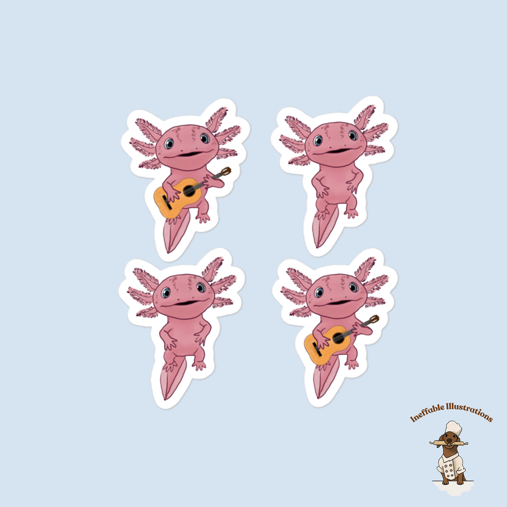 Axolotl Alex Stickers Bubble Free Cute Aquatic Animal Decals 4 Pack with 2 Playing Guitars for Laptop Planner Scrapbook - Ineffable Illustrations