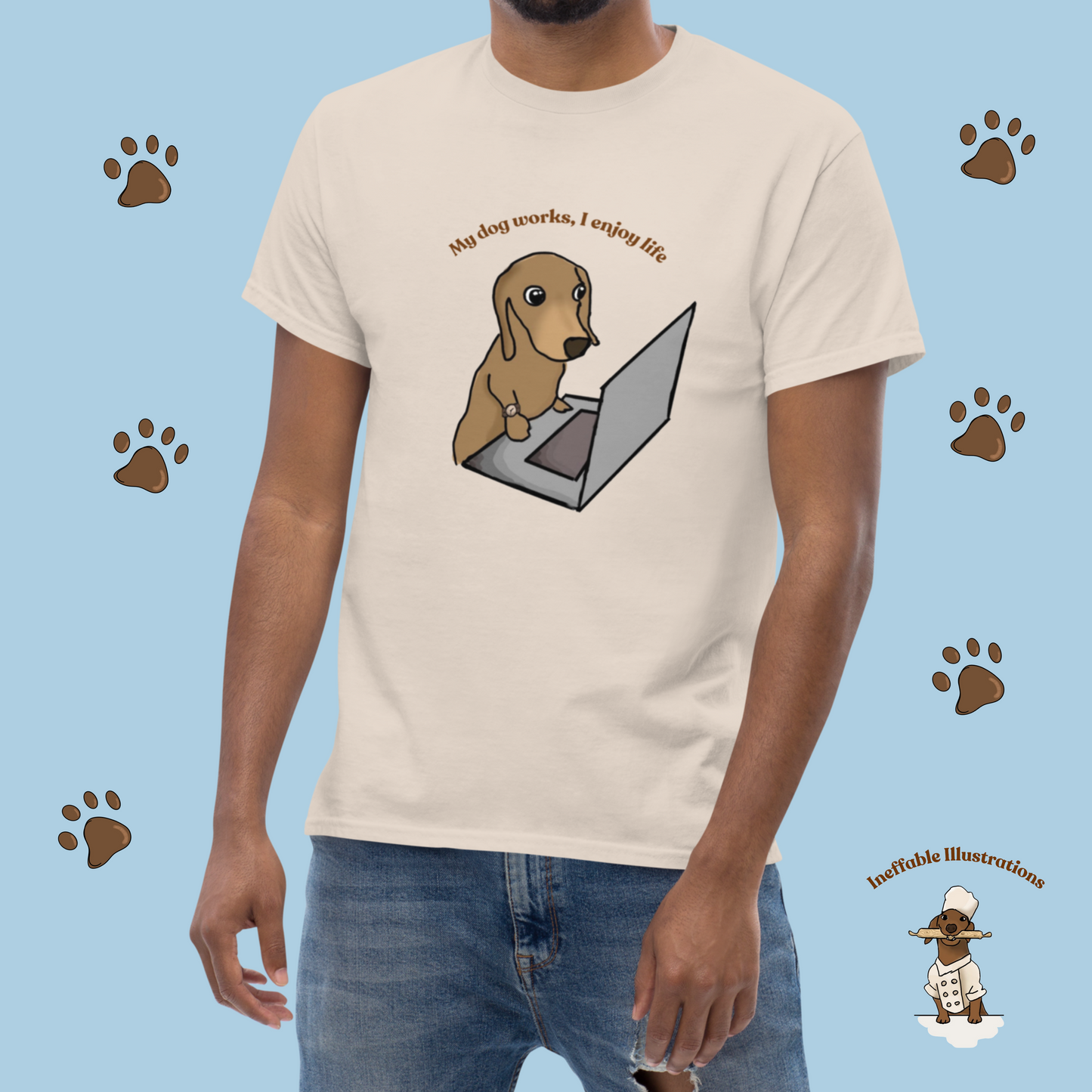 Shirt "Oliver works, I enjoy life". Funny Dog Illustration Tee | Hand-drawn Design | Trendy 100% Cotton Shirt