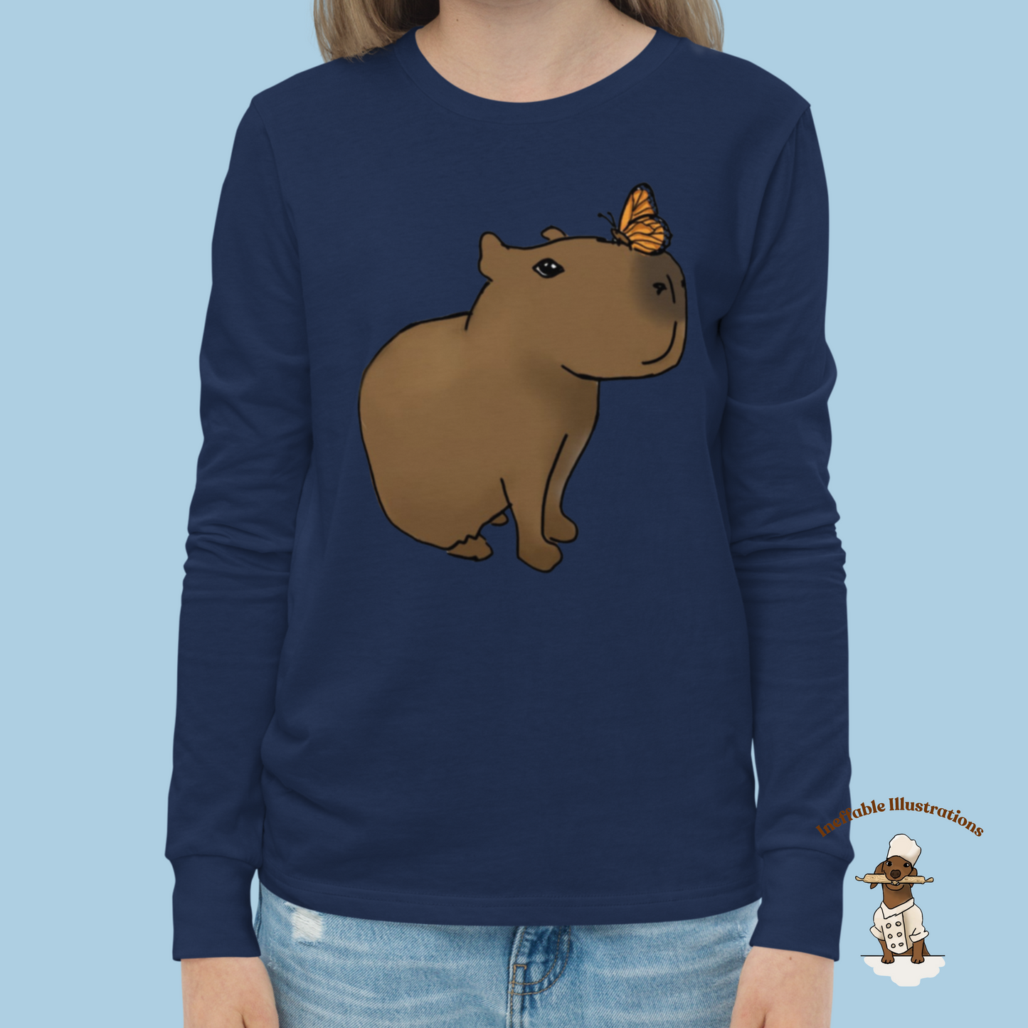 Kid Shirt. Cute Youth Long Sleeve Capybara Jolly Shirt, Handcrafted Design by Teen, Soft Airlume Cotton