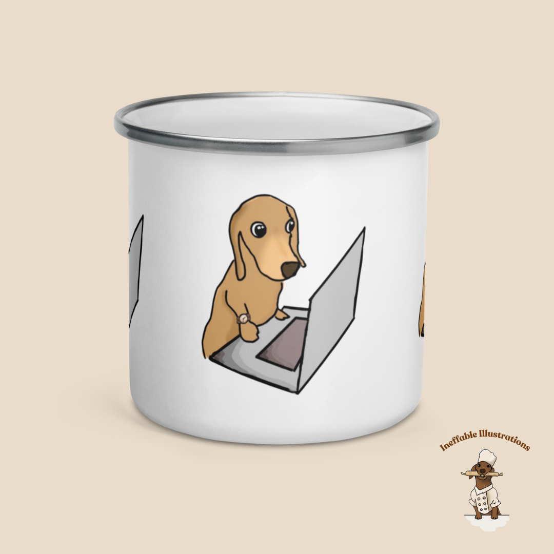 Mug. Enamal Mug "Oliver working on Computer". Cute sausage dog Enamel Mug. Dachshund lover gift