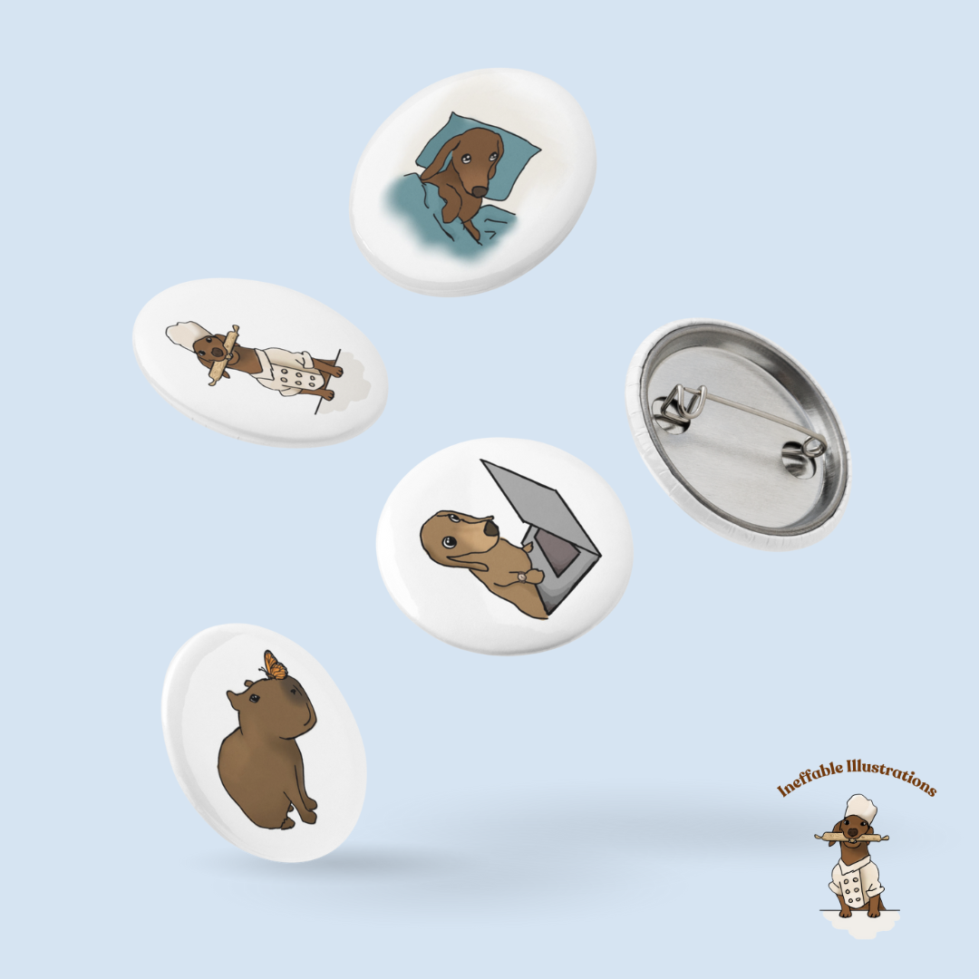 Set of Pin Buttons "Oliver and his friends", Hand Drawn Illustrations of Dachshund Oliver, Capybara Jolly & Cat Ralph, Cute Animal Friends Gifts