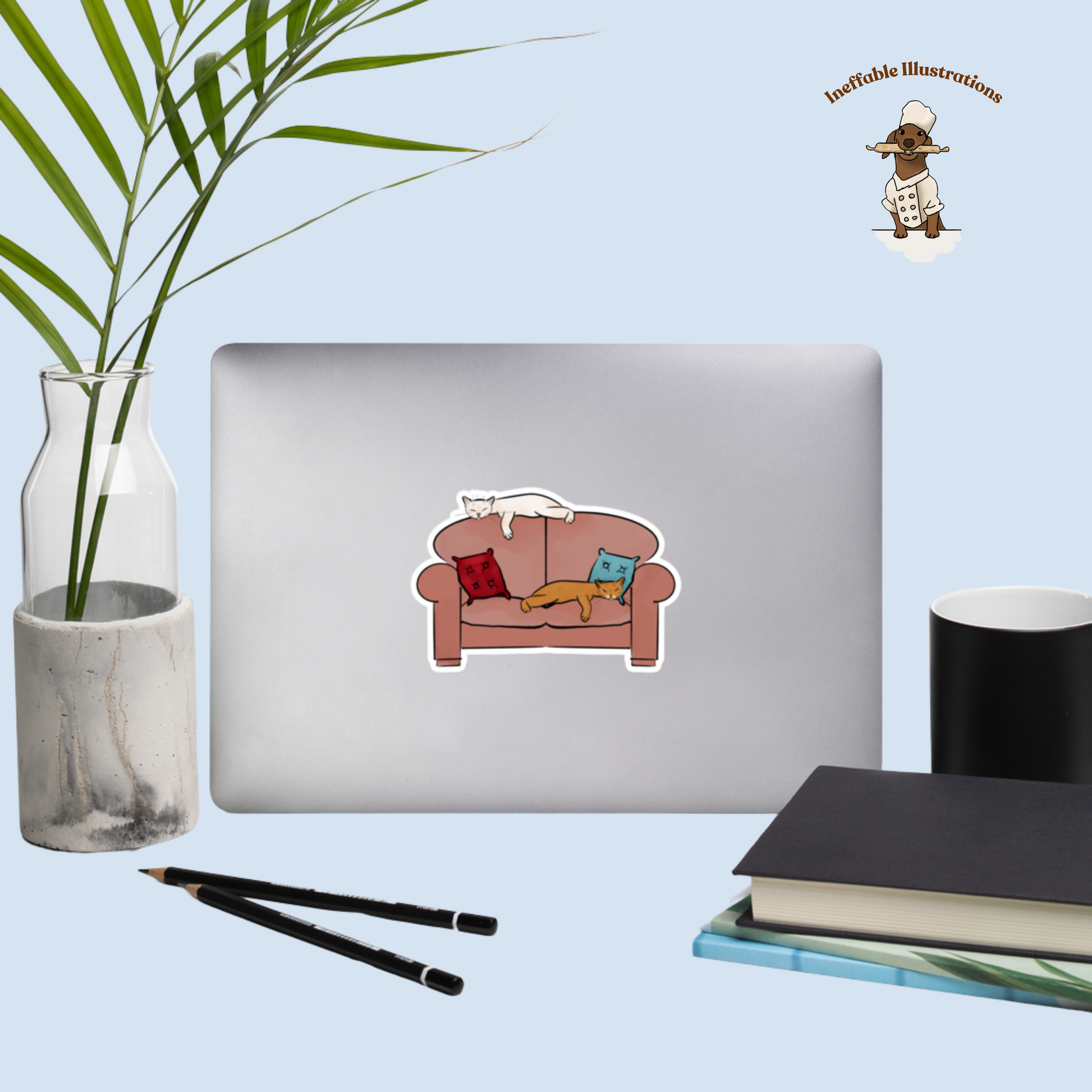 Cat Stickers: White & Ginger Cats (Ralph and Ginger) sleeping on Sofa, Lazy Life Decals for Laptops, Water Bottles and Journals - Ineffable Illustrations