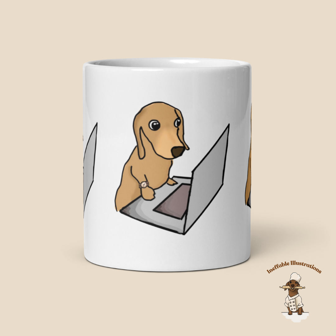 Mug "Dachshund Oliver working on computer". Cute sausage dog mug. White glossy mug.